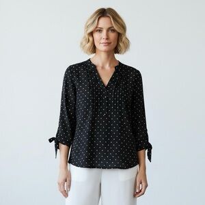 Fat Face Elbow Length Sleeves Black with White Polkadots Blouse